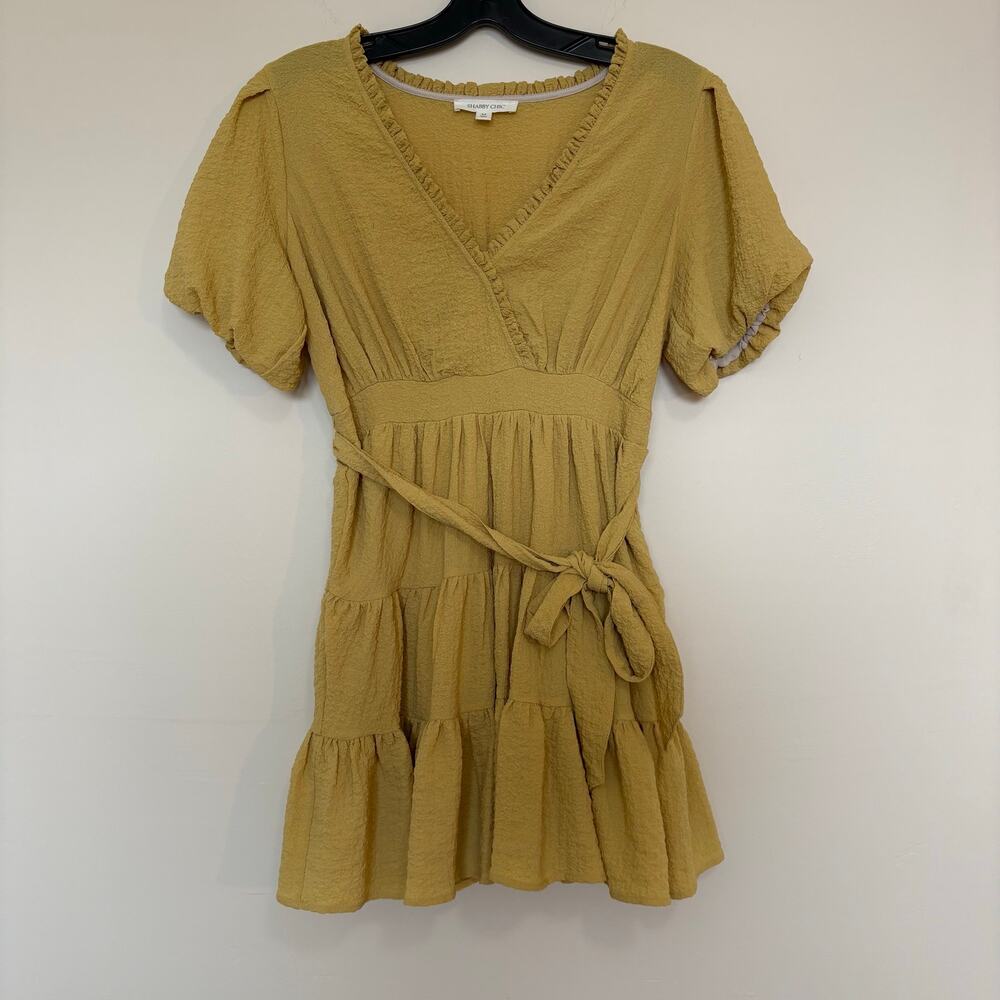 Shabby Chic Mustard Yellow Tiered Wrap Mini Dress Size Medium